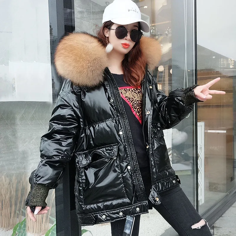 Winter Jacket Women Down Natural raccoon fur Collar Coat Loose Short White Duck Down Real Fur Coat Thick Warm Down Parka