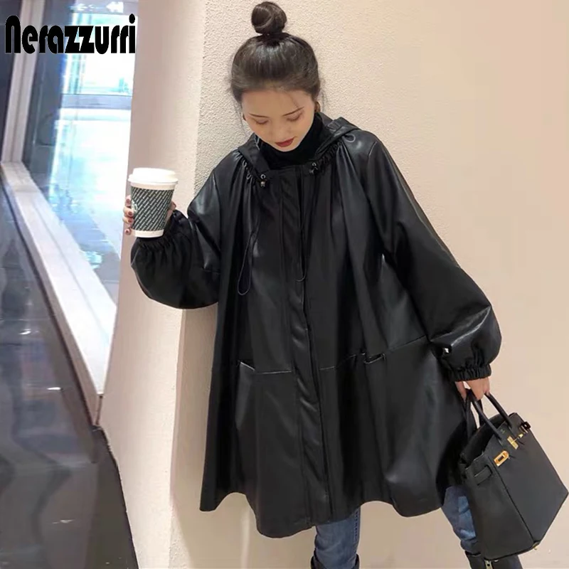 Nerazzurri Autumn Oversized Black Leather Jacket 2021 with Drawstring Hood Long Sleeve Loose Soft Faux Leather Jackets for Women