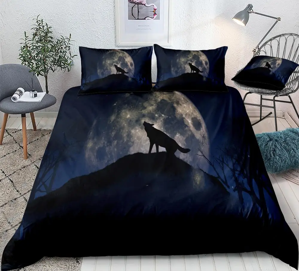 

Howling Wolf Duvet Cover Set Night Moon Bed Set 3pcs Animal Bedding Set Black Bedclothes Wolf Quilt Cover King queen dropship