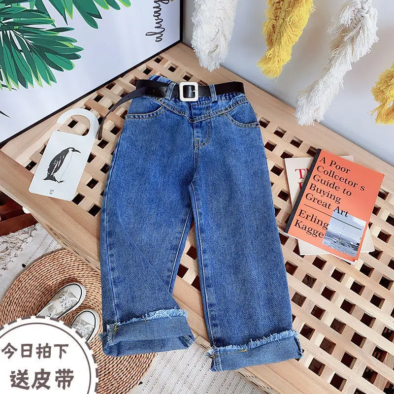 2024 Spring Autumn Girls Fashion Wide Leg Jeans Pant with Belt Baby Kids Children Denim Trousers