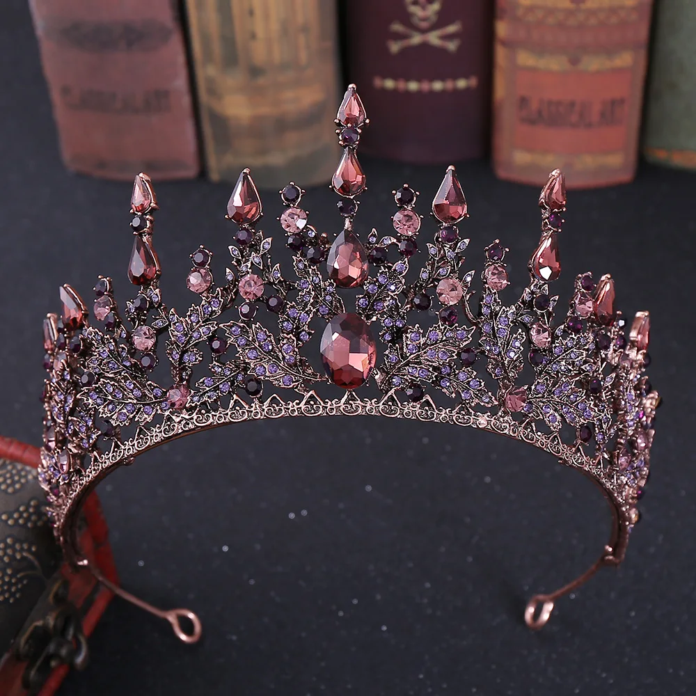 Baroque Retro Bronze Violet Crystal Bridal Tiaras Crown Rhinestone Pageant Diadem Veil Tiara Headbands Wedding Hair Accessories