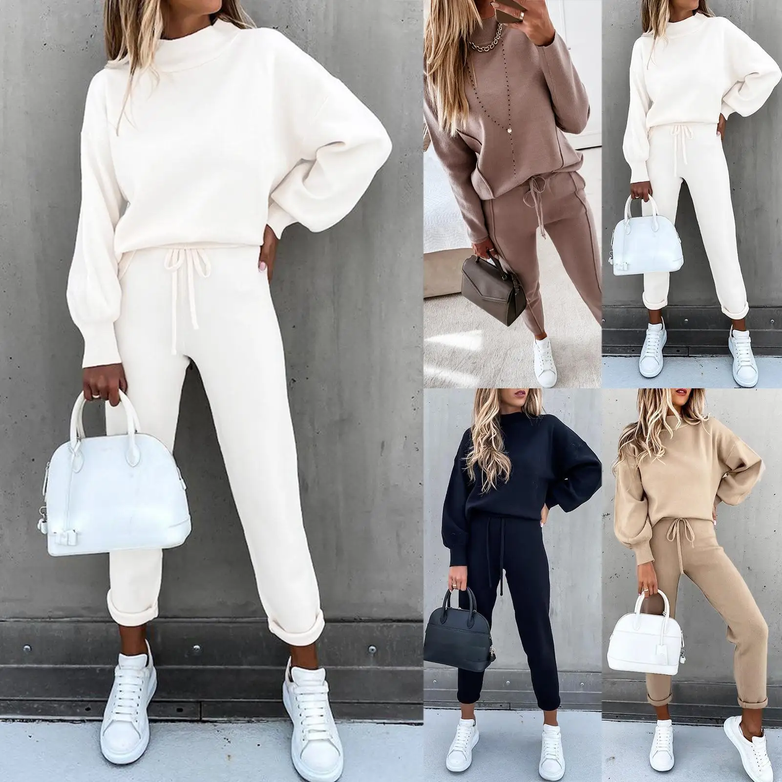 Women's Fleece Tracksuit Hooded Sweatshirt Autumn Solid Blouse Pants 2Pieces Set Long Sleeve Pullover Drawstring Pant Sportswear