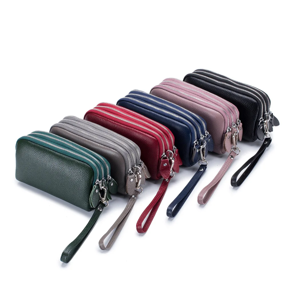 Genuine Leather Women Long Wallet 3-Layer Zipper Clutch Purse Bag 2023 New Large Capacity Wristlet Wallet Phone Bag Money Pocket