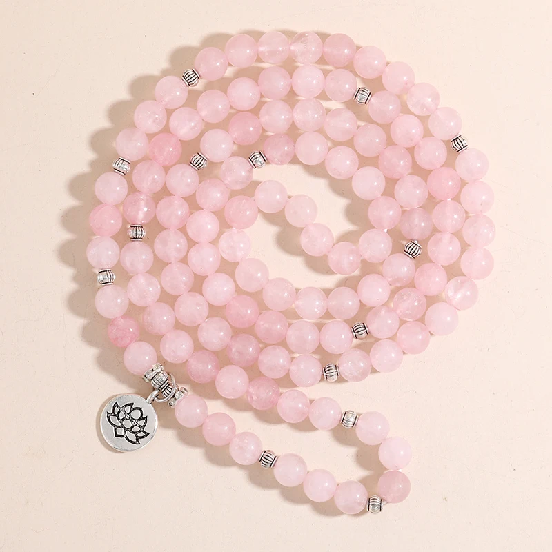 8mm quarzo rosa in rilievo 108 Mala braccialetto elastico braccialetto Yoga preghiera braccialetto gioielli Lotus OM ciondolo albero della vita per