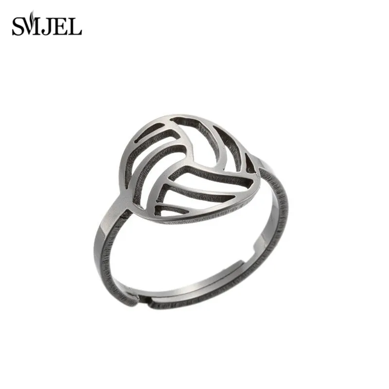 Smjel Stainless Steel Volleyball Shape Rings Adjustable Hollow Ball Round Ring for Women Men Jewelry Sports Club Gifts Friend