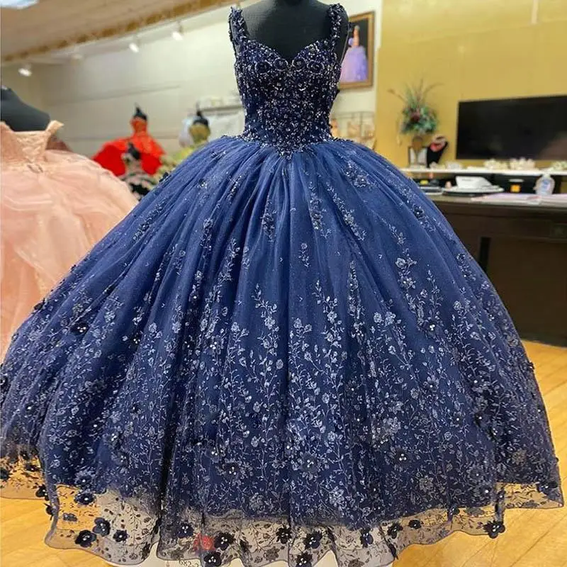 Navy Blau Floral Spitze Appliques Quinceanera Kleider Spaghetti-trägern Süße 15 Kleider Glitter Prinzessin Mädchen Party Kleid