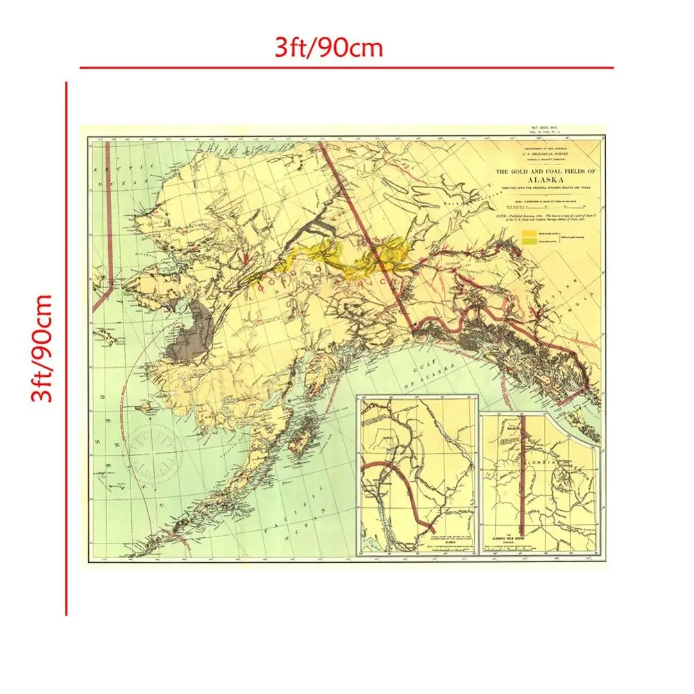 1898 طبعة خمر ديكور خريطة جدار ديكور اللوحة الذهب و الفحم مجالات ألاسكا 90x90 سنتيمتر رذاذ اللوحة لغرفة المعيشة