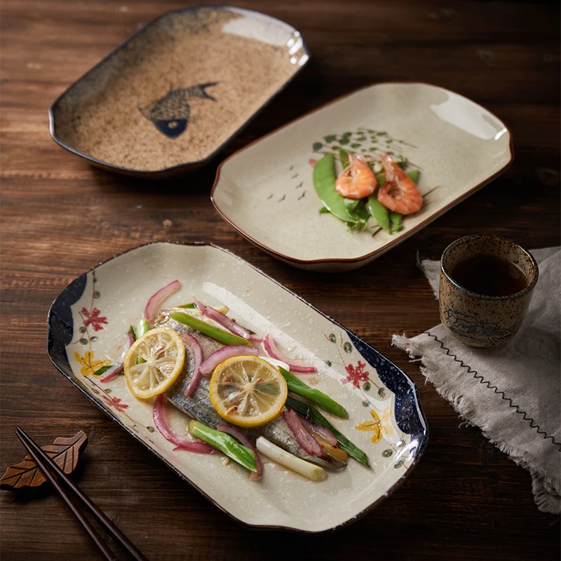 Japanese-Style Tableware Retro Hand-Painted Pattern Oval Steamed Fish Plate Retro Dinner Plate Home Ceramics Main Course Dish