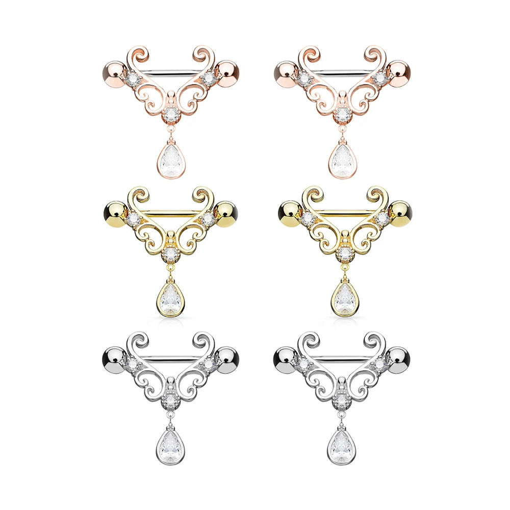 2PCS Clear Teardrop Imitation Crystal Dangle Nipple Ring Women Stainless Steel Bar CZ Nipple Piercing Breast Fashion Jewelry 14G