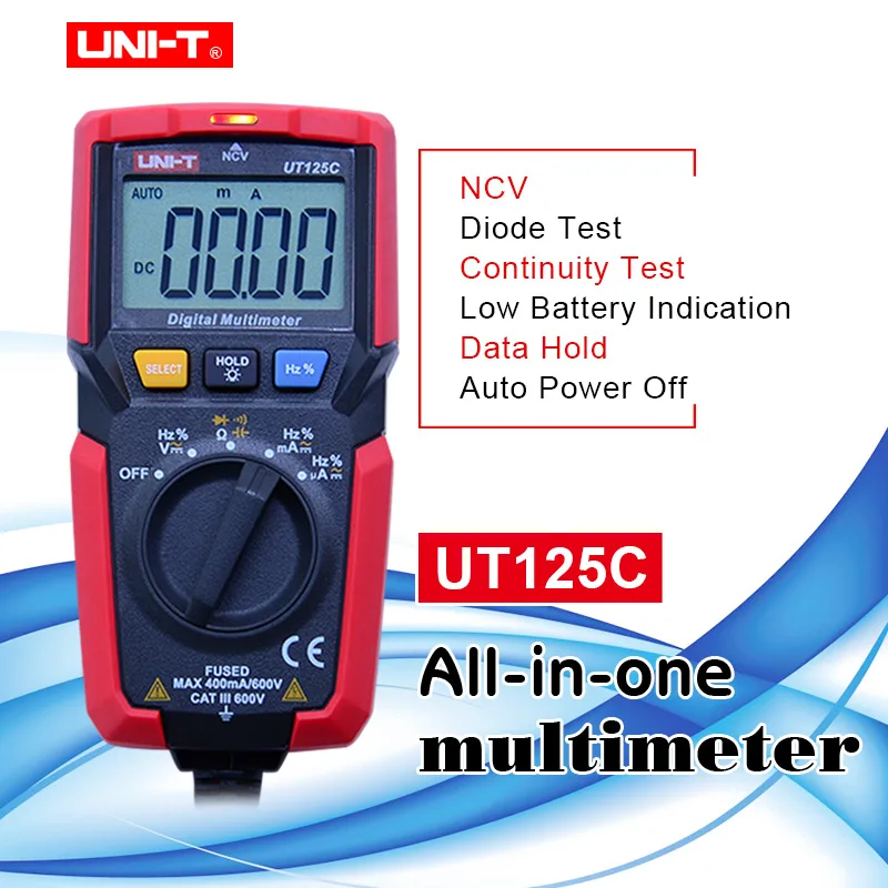 UNI-T UT125C Mini Pocket Digital Multimeter DC/AC Ammeter Resistor Capacitor Frequency Diode NCV Test Low Voltage Display