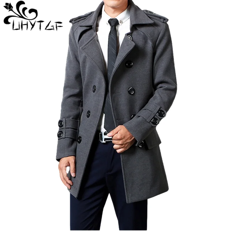 UHYTGF Autumn Winter Solid Trench Coats Men Coat Fashion Double breasted Windbreaker Jacket With Belt Lapel Overcoat Parka 906