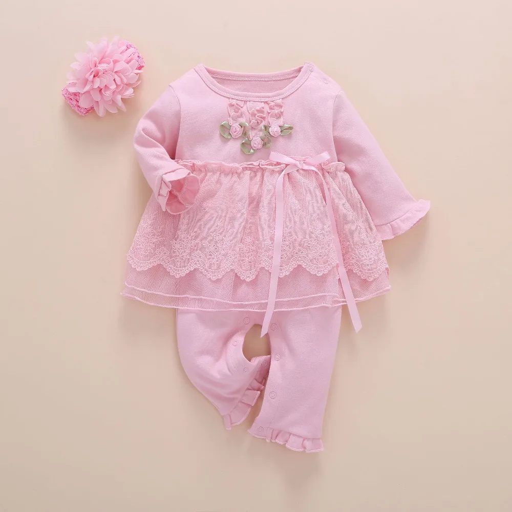 Newborn Baby Girl Clothes Fall Cotton Lace Princess Style Baby Jumpsuit 0-3 Months Infant Romper With Socks Headband ropa bebe