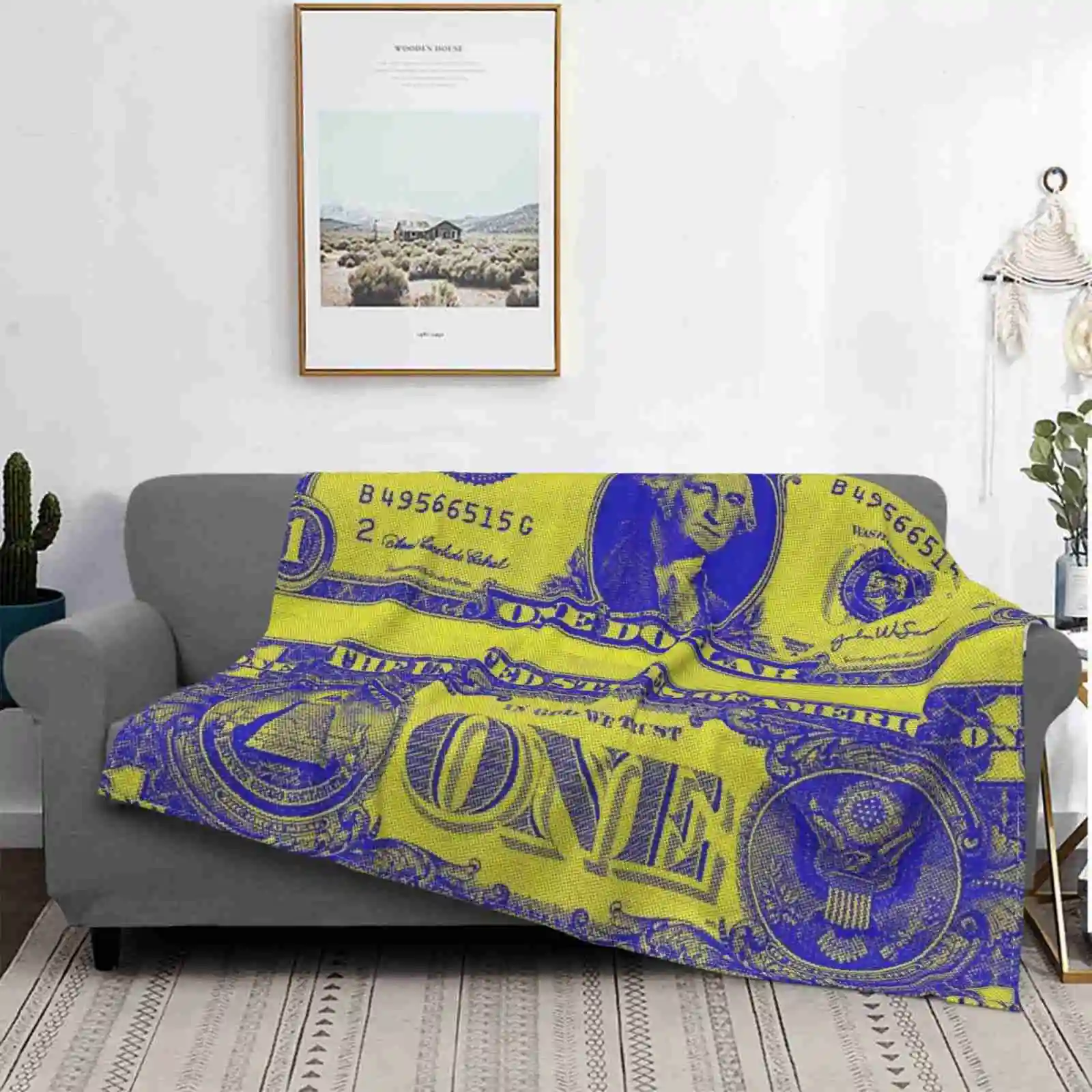 Yellow And Blue American Dollar Banknote Bill Cash Coin Currency Creative Design Comfortable Flannel Blanket Yellow Blue