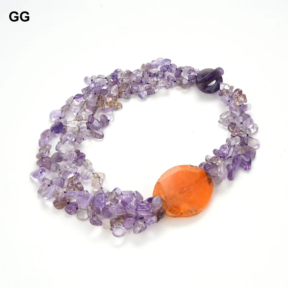 GG 20\'\' 4 Rows Beautiful Natural Purple Amethyst Nugget Beads Orange Agate Chunk Necklace For Women