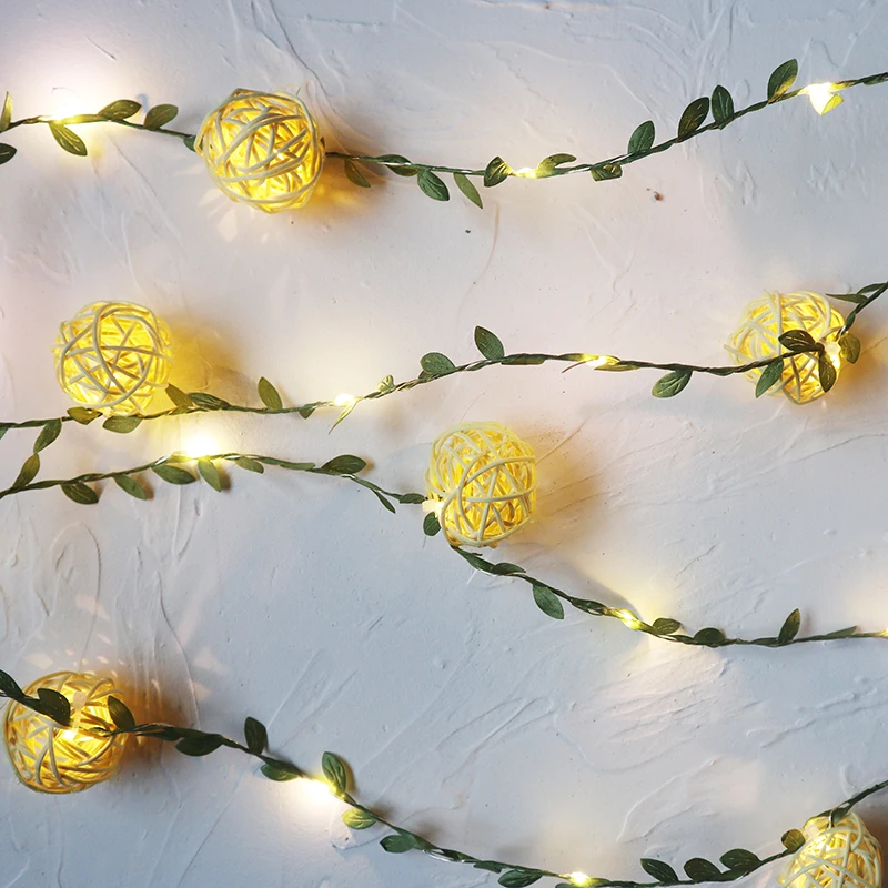 Pequenas folhas guirlanda luzes de fadas com bolas de rattan bateria operado para festa de casamento natal decoração de mesa para casa