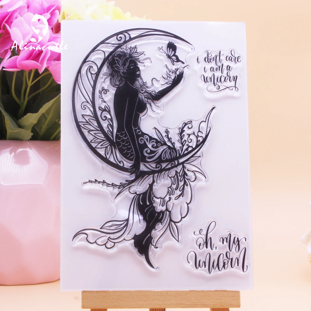 Alinacutle CLEAR STAMPS Mermaid With Moon Butterfly DIY Scrapbooking Card Album Paper Craft Rubber Transparent Silicon Stamp