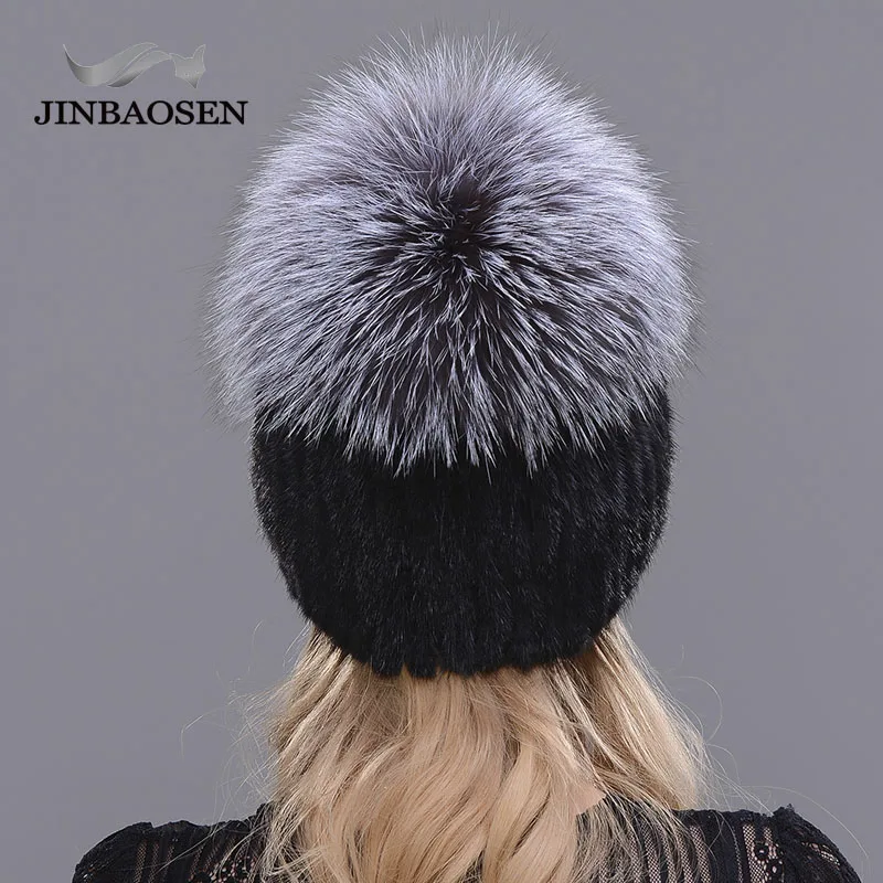 JINBAOSEN-Bonnets en tricot pour femmes, chapeaux de vison avec fourrure de renard, haut tissé vertical, mode d\'hiver chaude, offre spéciale