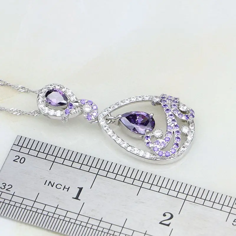 Purple Cubic Zirconia White Crystal 925 Sterling Silver Jewelry Sets For Women Stud Earrings/Pendant/Necklace/Bracelet