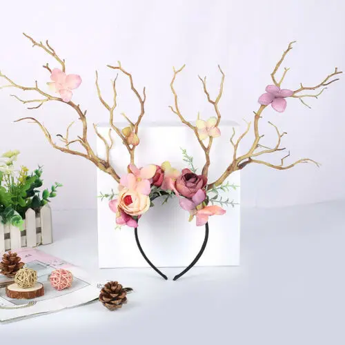 Hirigin 2022 Women Christmas Fairy Tale Flower Headband Retro Tree Branch Deer Ears Antler Hair Hoop Crown Festival Party Props