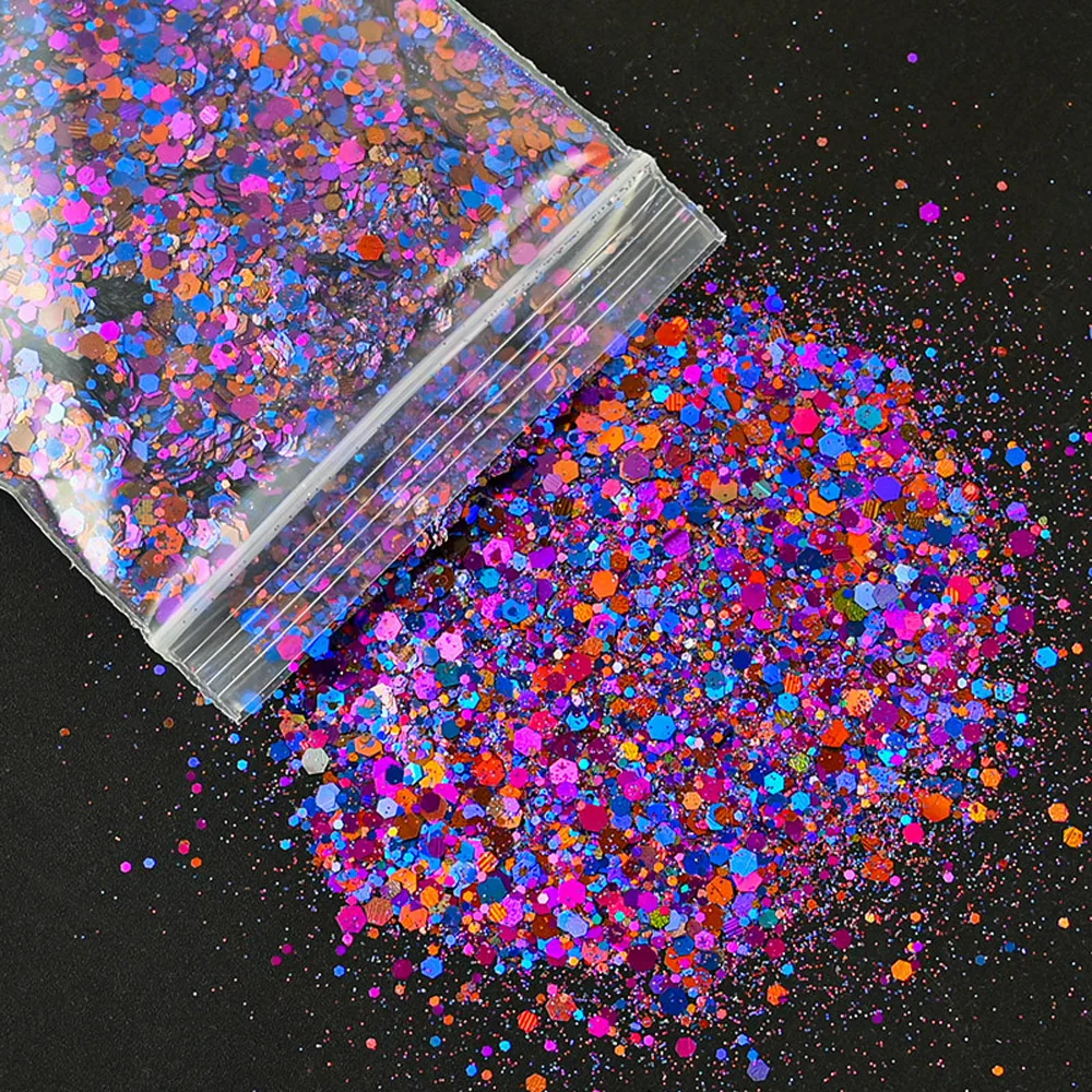 50กรัม/ถุง Holographic เล็บ Art Glitter ผสมเลื่อมหกเหลี่ยมตกแต่ง Flakes ที่มีสีสัน Chunky Symphony สีเลเซอร์ Sequins Ta #23