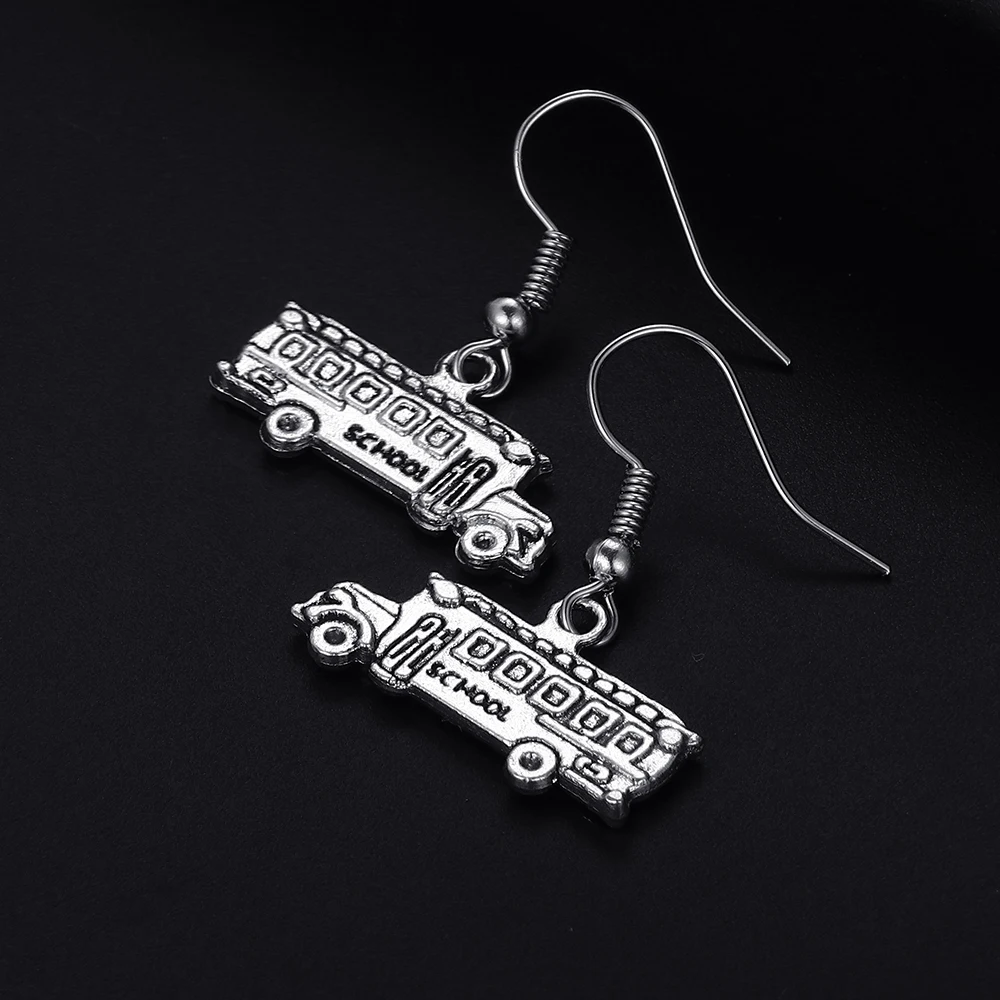 Trendy Vintage School Bus Shape Dangle  Antique Silver Plated Earrings for Women Girl Retro Drop Earrings Cute Earring Jewelry