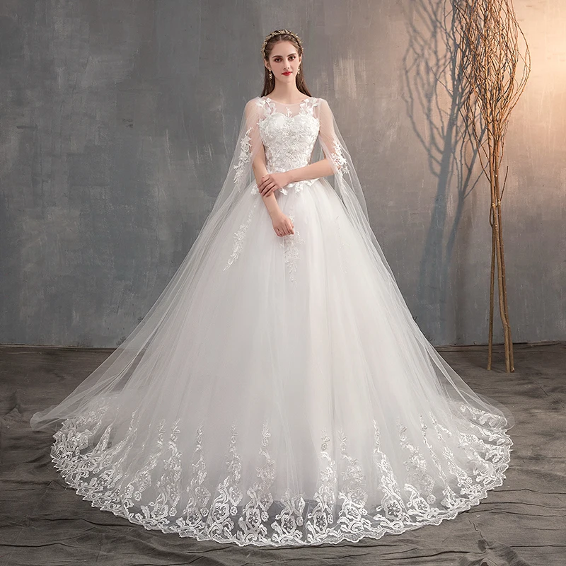 2024 Chinese Wedding Dress With Long Cap Lace Wedding Gown With Long Train Embroidery Princess Plus Szie Bridal Dress Customized