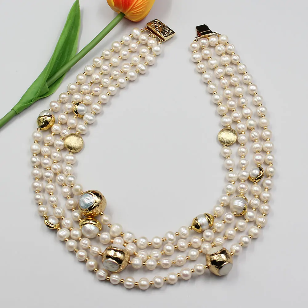 GG 4 Strands Natural Freshwater Cultured White Pearl Gold Color Plated Keshi Pearl Necklace 18\