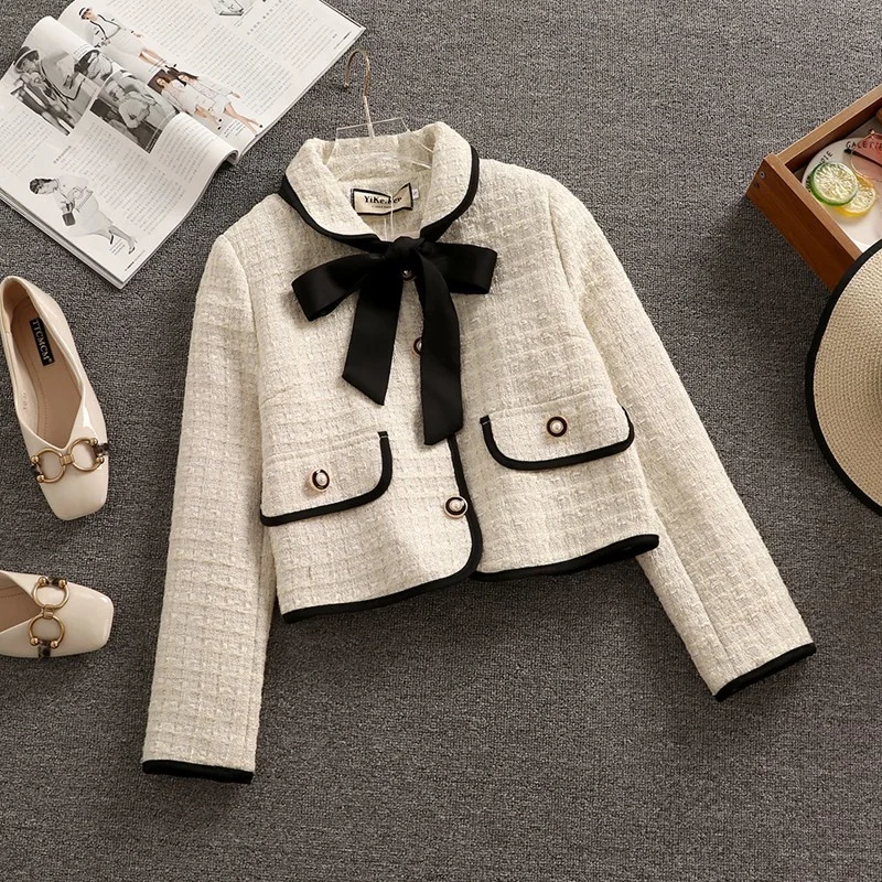 Winter Vintage Tweed Two Piece Set Women Bowknot Single-breasted Crop Top Woolen Short Jacket Coat + Mini Skirts 2 Piece Sets