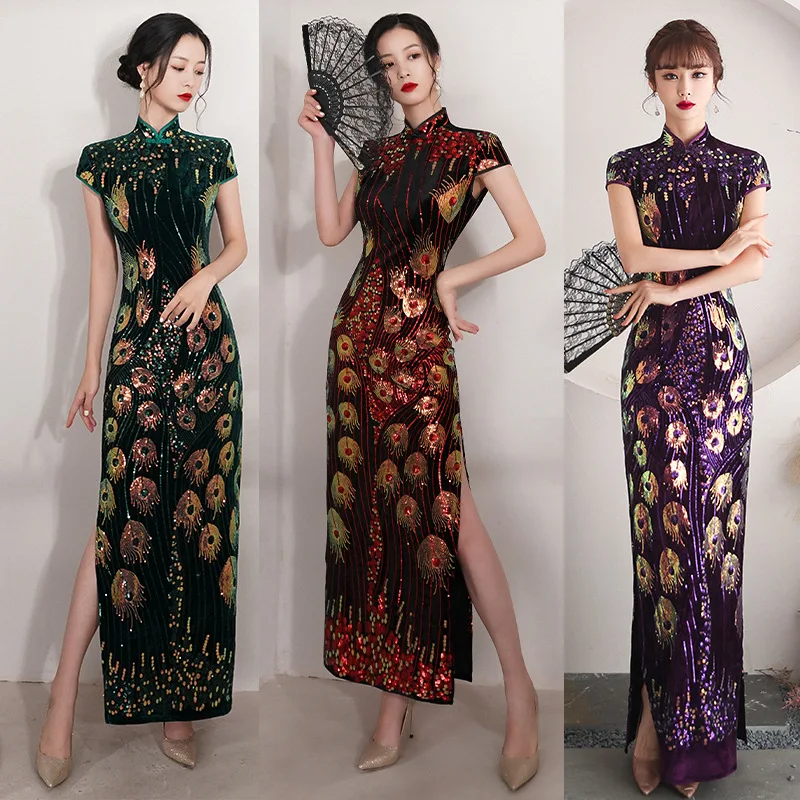 Ladies Spring Cheongsam Long Sexy Slim Printed Short-sleeved Retro Chinese Stand-up Collar Wedding Evening Dress Qipao for Women