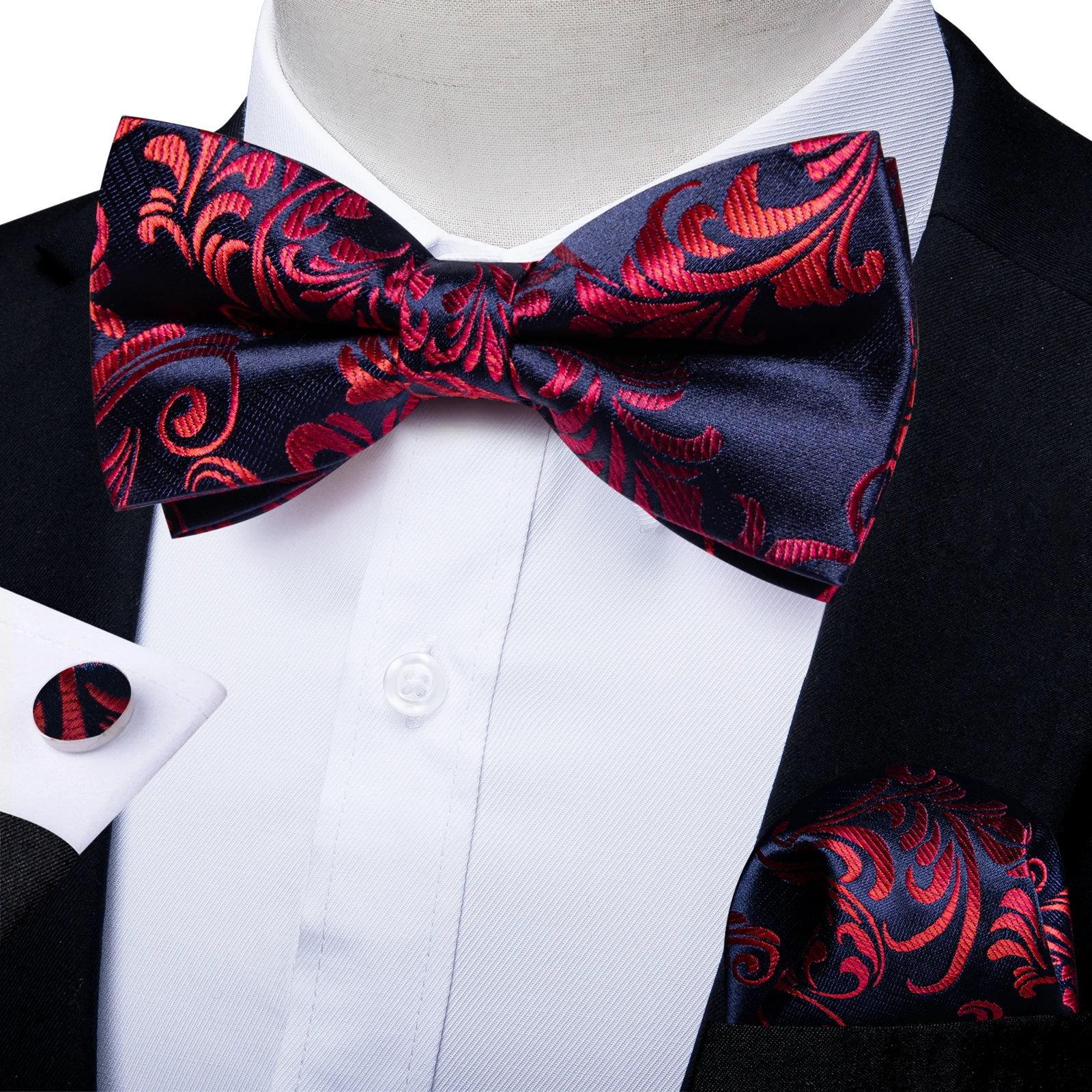 Herren-Fliege 3-teiliges Set Schwarz-Gold Blumenmuster Vorgebundene Fliege Manschettenknöpfe Einstecktuch-Set für Hochzeit Party Herren-Krawatte – Detail 9