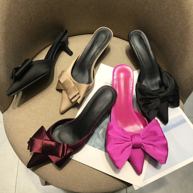 

2021 Flat Surface Pointed-Toe Bowknot Stiletto Toe Box High Heel Half Slippers Large Size Women's Shoes