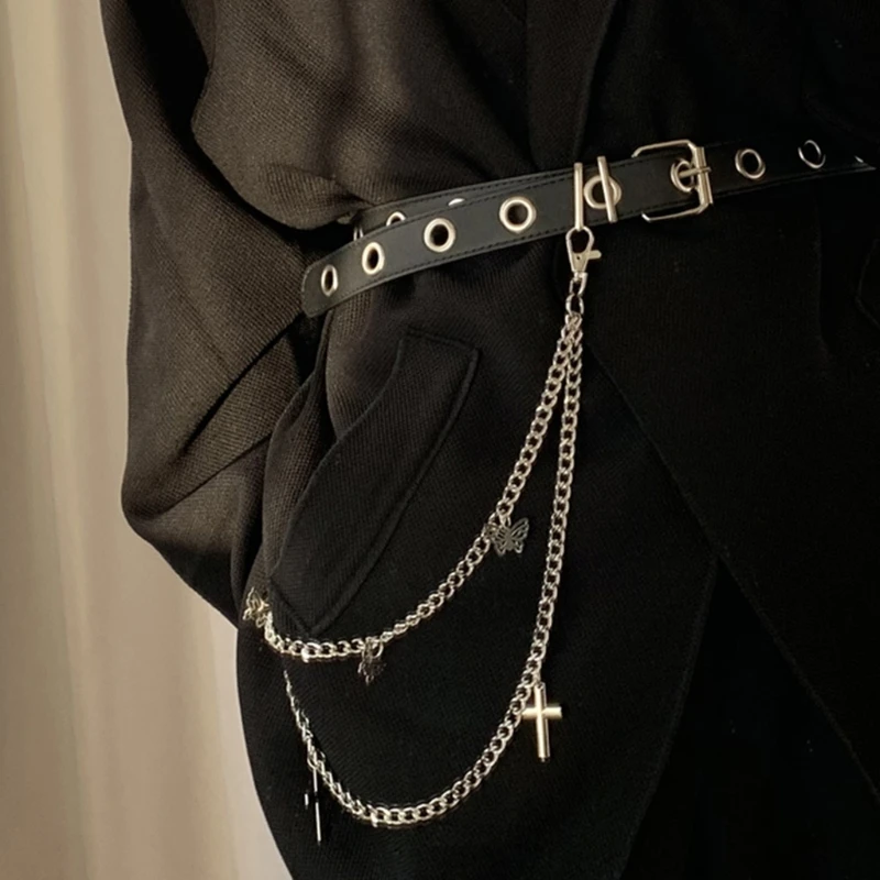 Gothic Punk Women Pants Jeans Waist Chain with Metal Cross Butterfly Pendant Harajuku Hip Hop Trousers Belt Jewelry F3MD