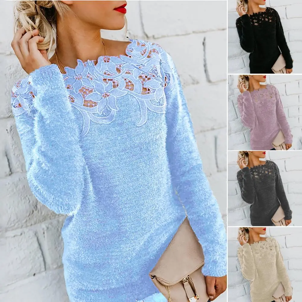 Oversized Sweater Dress Women Solid Color Autumn Long Sleeve O Neck Floral Lace Pullover Knit Crochet Sweater Top