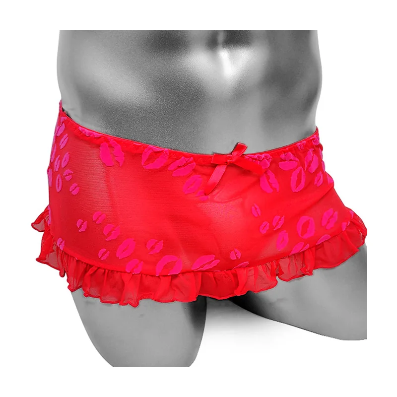 

Mesh Sissy Skirts Panties Sexy Lingerie With Lip Printed Feminine Gay Club Wear Transparent Male Underpants Underwear