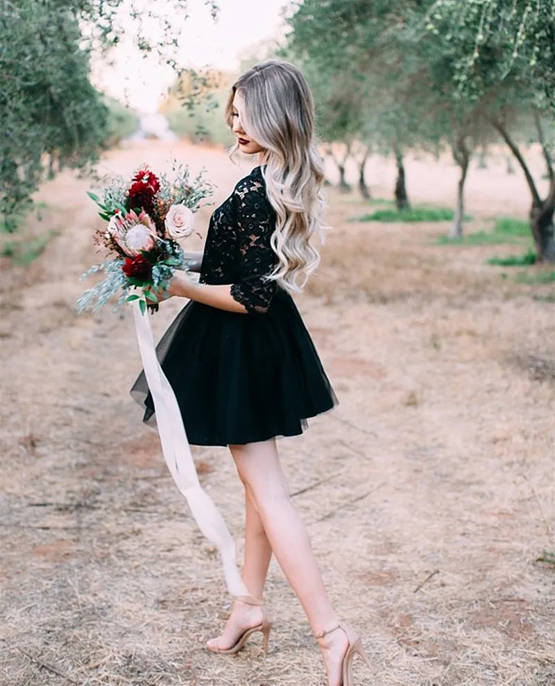 Vestido negro de dos piezas de encaje para sesión de fotografía, minivestido de fiesta, cóctel