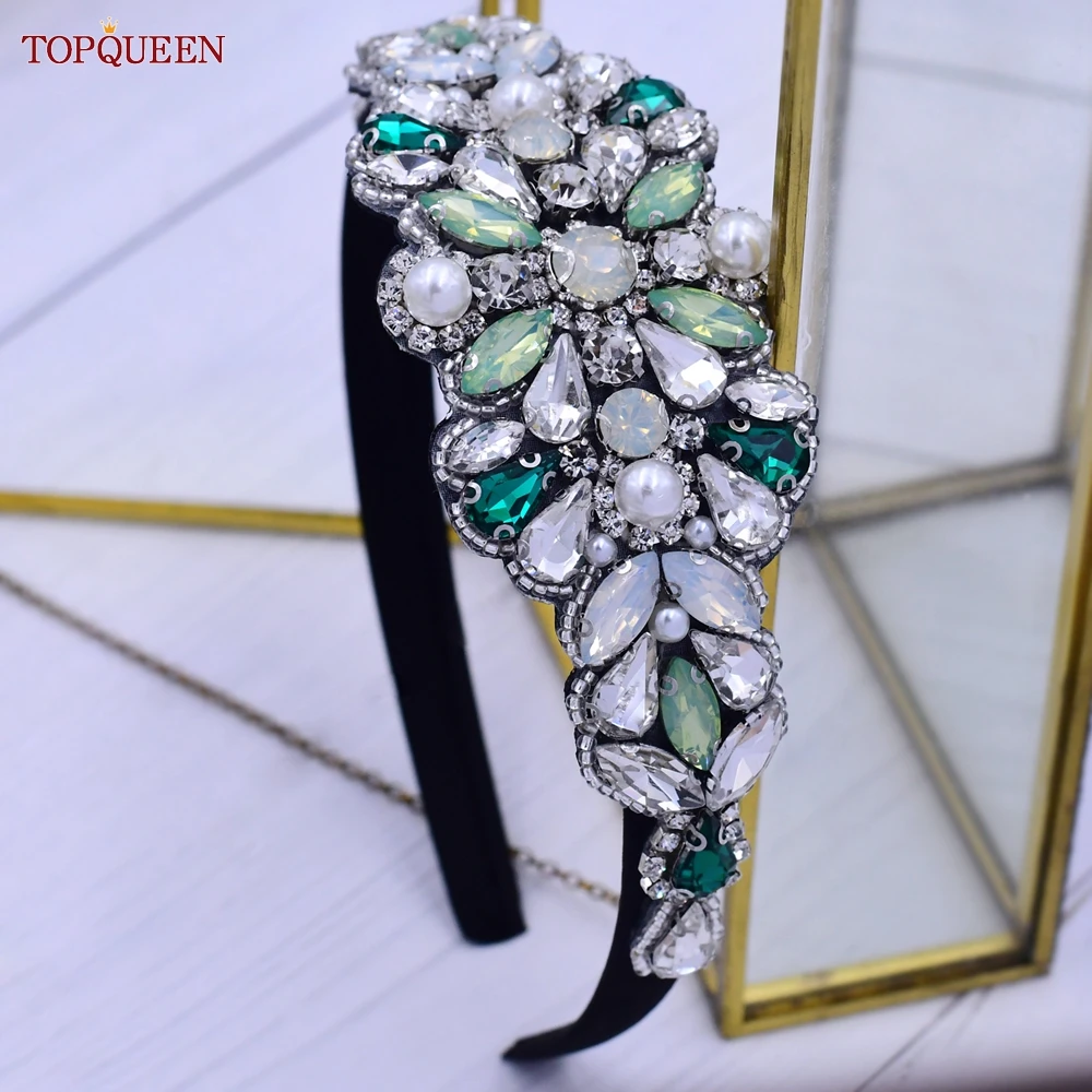 TOPQUEEN S443-FG Ladies Green Rhinestone Headband Fashion Simple Style Party Dance Wedding Headdress Girls Daily Wear Headband