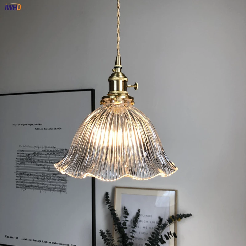 

Copper Nordic LED Pendant Lamp With Switch Creative Glass Flower Hanging Lamp For Living Room Decor Bar Cafe Lustre Lampe