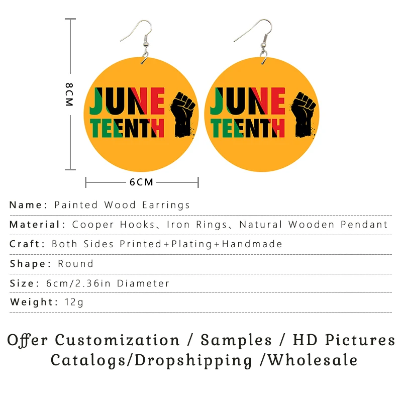 Voikukka Jewelry 1865 JUNETEENTH The Real Independence Day 6 CM Round Wooden Both Sides Print Drop Earrings For Women Gifts