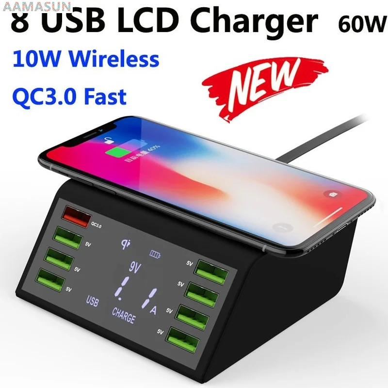 

Qi Wireless Charger For Iphone 12 Pro Max Multi 8 Port Lcd USB Quick Charge QC3.0 Fast Charger For Samsung S10 S9 S8