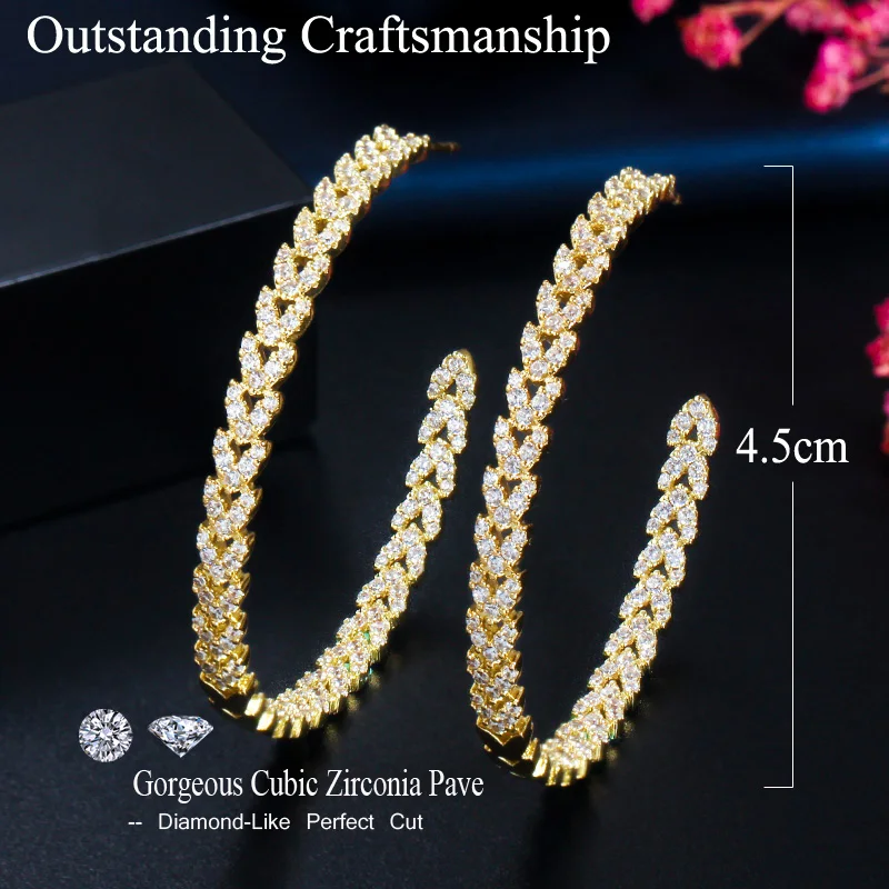 CWWZircons Half Round White Cubic Zirconia Pave Large Wedding Party Hoop Earrings for Women African Gold Plated CZ Jewelry CZ745