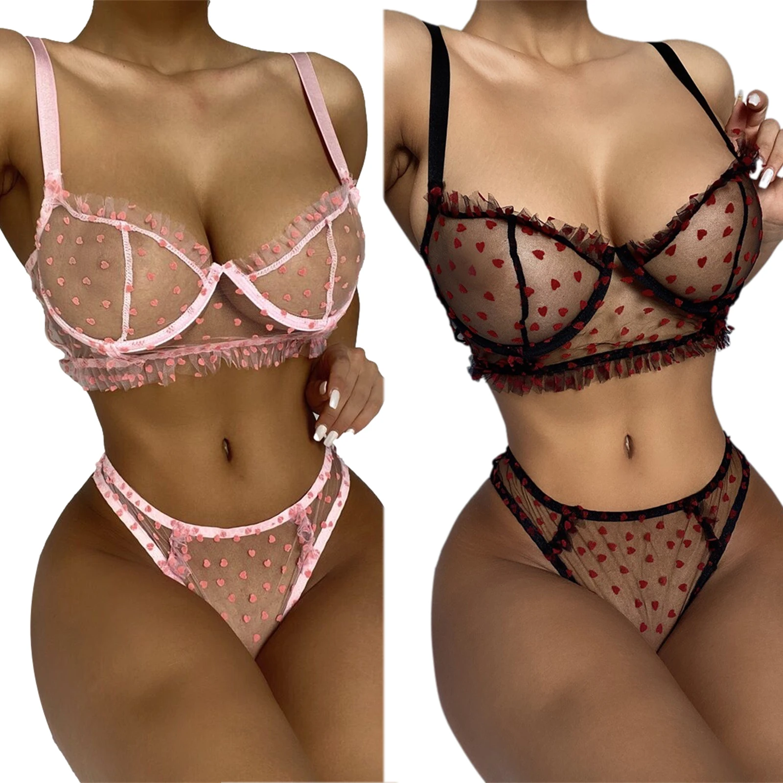 2 Pieces Sexy Lingerie Set Female Heart Patterns See-Through Brassiere+ Panties for Women S/M/L/XL