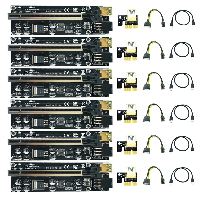 

6PCS PCIE Riser 009S PLUS Riser PCI Express X16 Extender PCI E USB Riser 009S GPU 6Pin Card SATA 15pin for Bitcoin Miner Mining