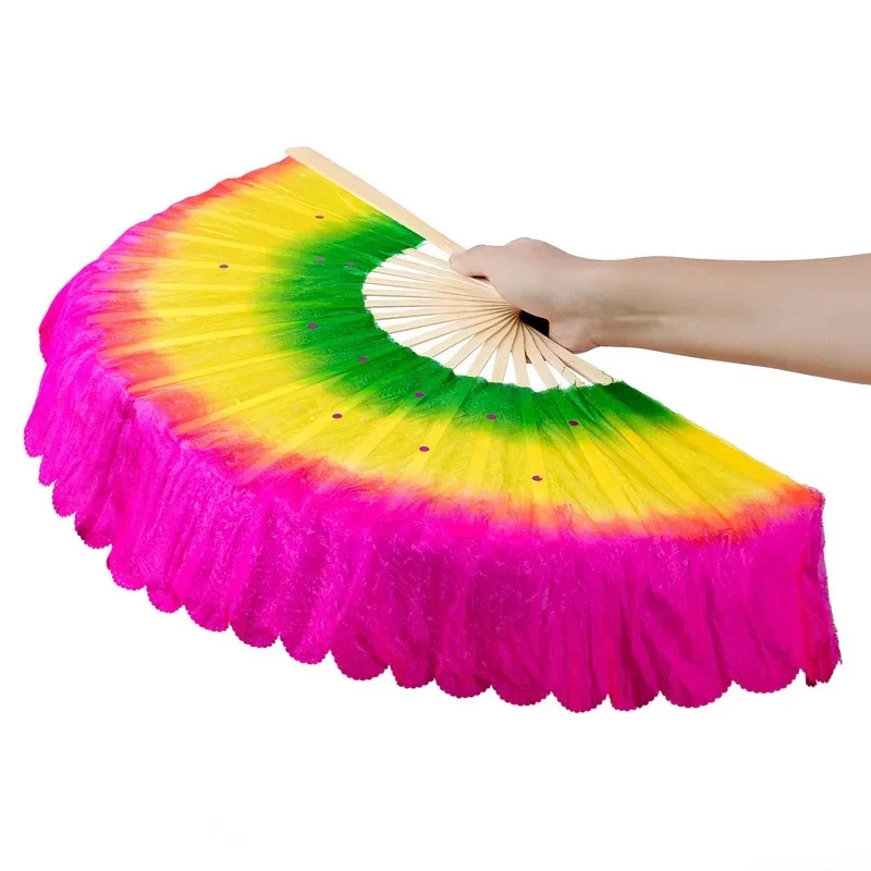 Free Shipping 10PCS Big Size Silk Veil Chinese Belly Dancing Fan Strong Bamboo Frame With 3 Colors For Hot Dance Performance