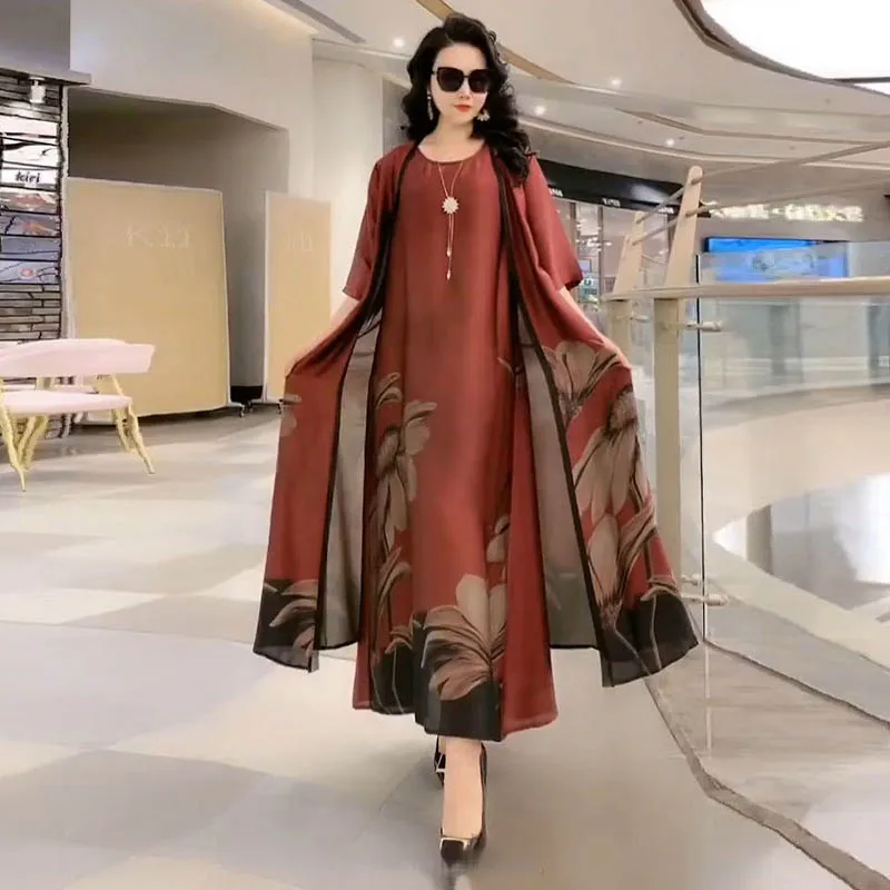 Silk Dress Two-Piece Women\'s Elegant Floral Plus Size Dress Casual Beach Vintage Long Dress mother dress 2023 Summer New Fashion