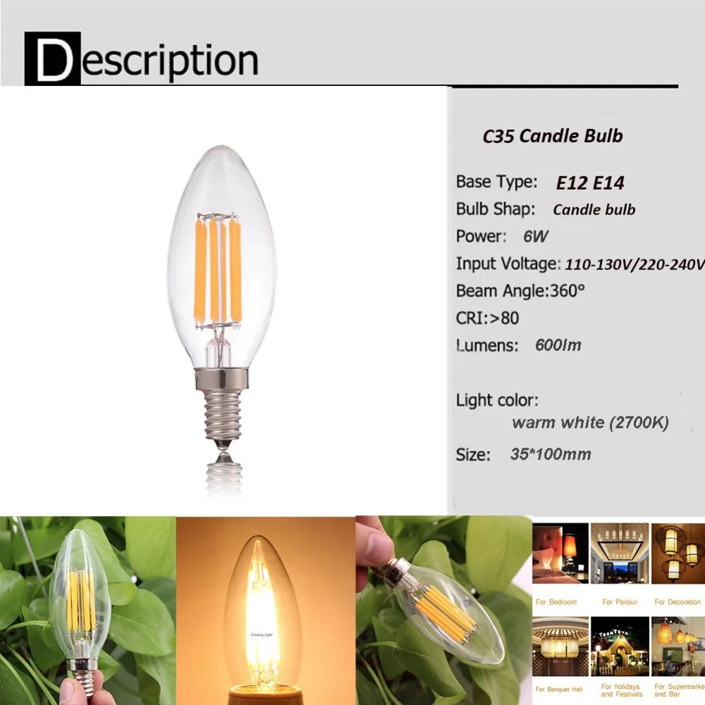 C35 6W Dimmable Led Bulb E12 E14 Filament Candle Light Bulb 2700k 6000k Cold Warm White Edison Retro Candelabra Antique Led Lamp