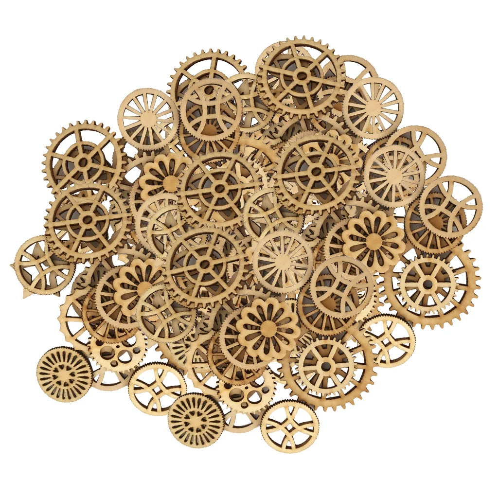 100 pezzi Formato Misto Hollow Gear Pezzi di Legno di legno Ornati E Decori Decorazione Della Casa di Legno Non Finiti Ornati E Decori Scrapbooking