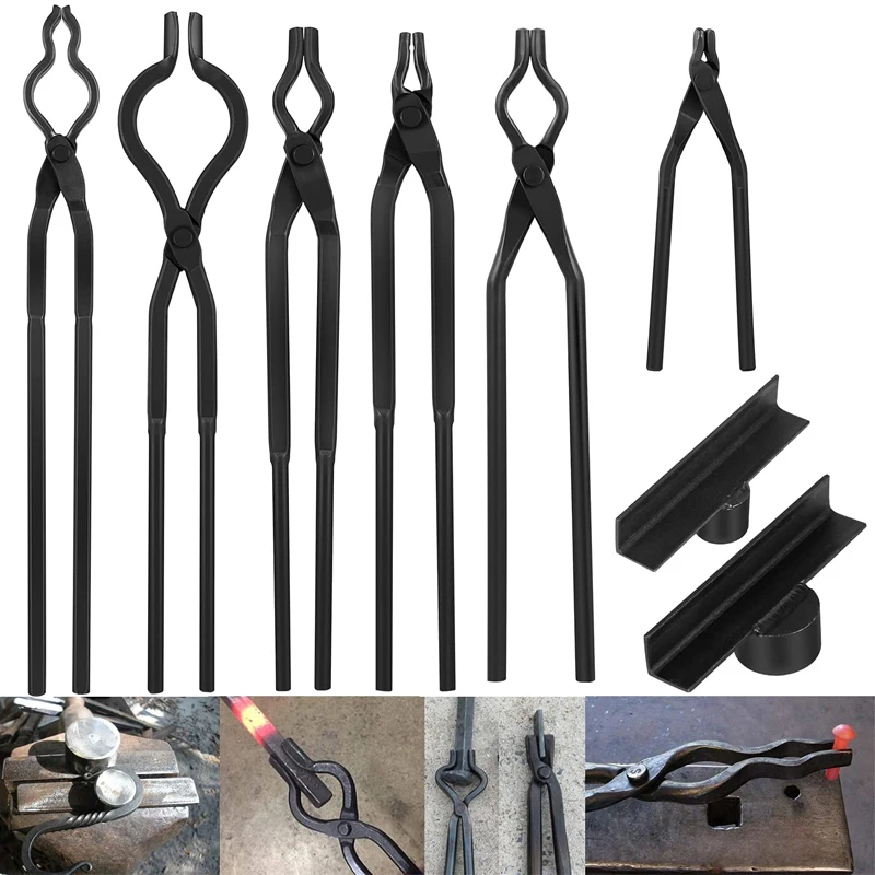 

Blacksmith Tongs Set/Blacksmith Starter Tool Includes Spike Tongs, Flat Jaw Tongs, Bolt Tongs, Pick-up Tongs, Hook Jig(8 PCS)