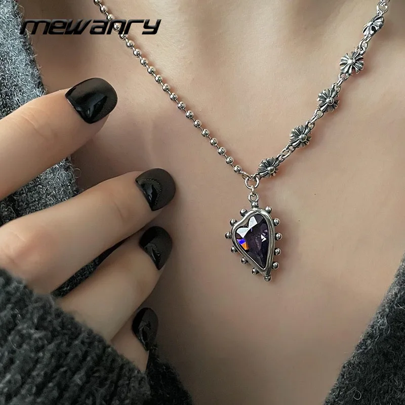 MEWANRY Silver Color Splicing Chain Necklace Trendy Vintage Creative Purple LOVE Heart Zircon Party Jewelry Birthday Gift