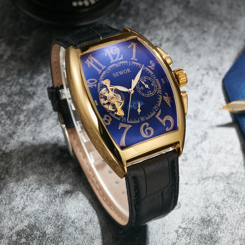 Luxury Automatic Mechanical Watches Men Moon Phase Skeleton Retro Self Winding Wristwatch Male Gold Case Clock Leather Watches