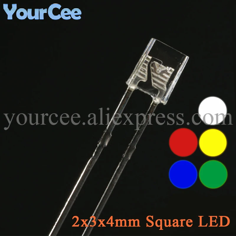 100pcs Square 2*3*4mm Ultra Bright LED Transparent Light Emitting Diode Lamp 2x3x4mm Blue Red Emerald-green Yellow White Mx